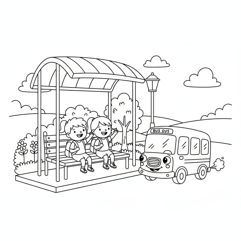 A cheerful school bus approaches a bus stop where two children sit on a bench, excited for their journey. The scene is completed with trees, clouds, and a street lamp, offering a charming landscape to color.