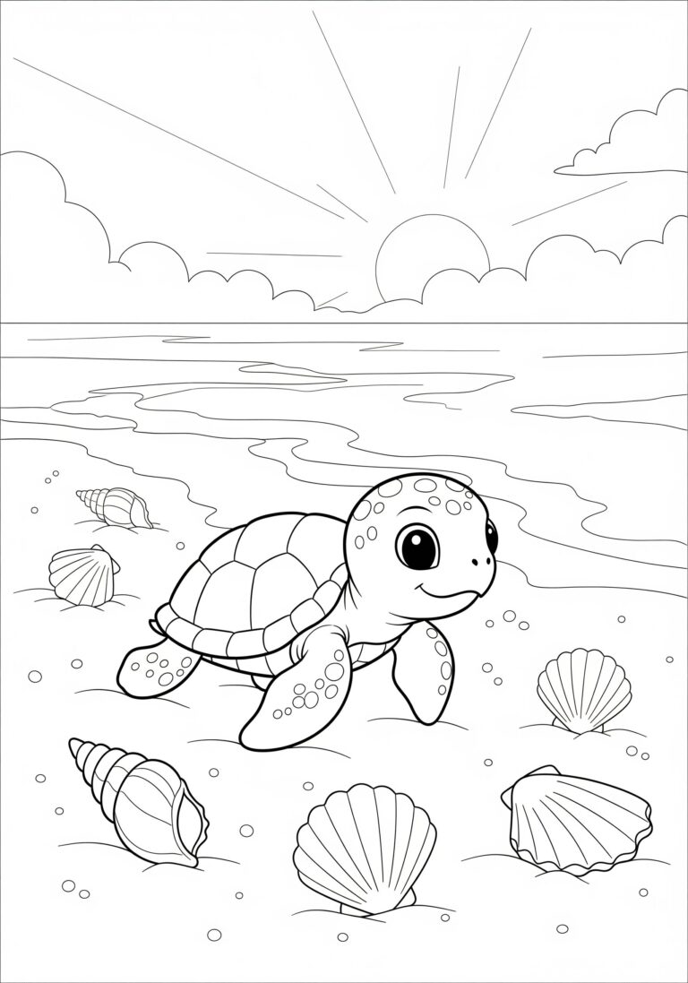 A children's coloring page showing a delightful sea turtle on a beach with scattered shells and a beautiful sunset, ideal for fun and educational coloring activities.