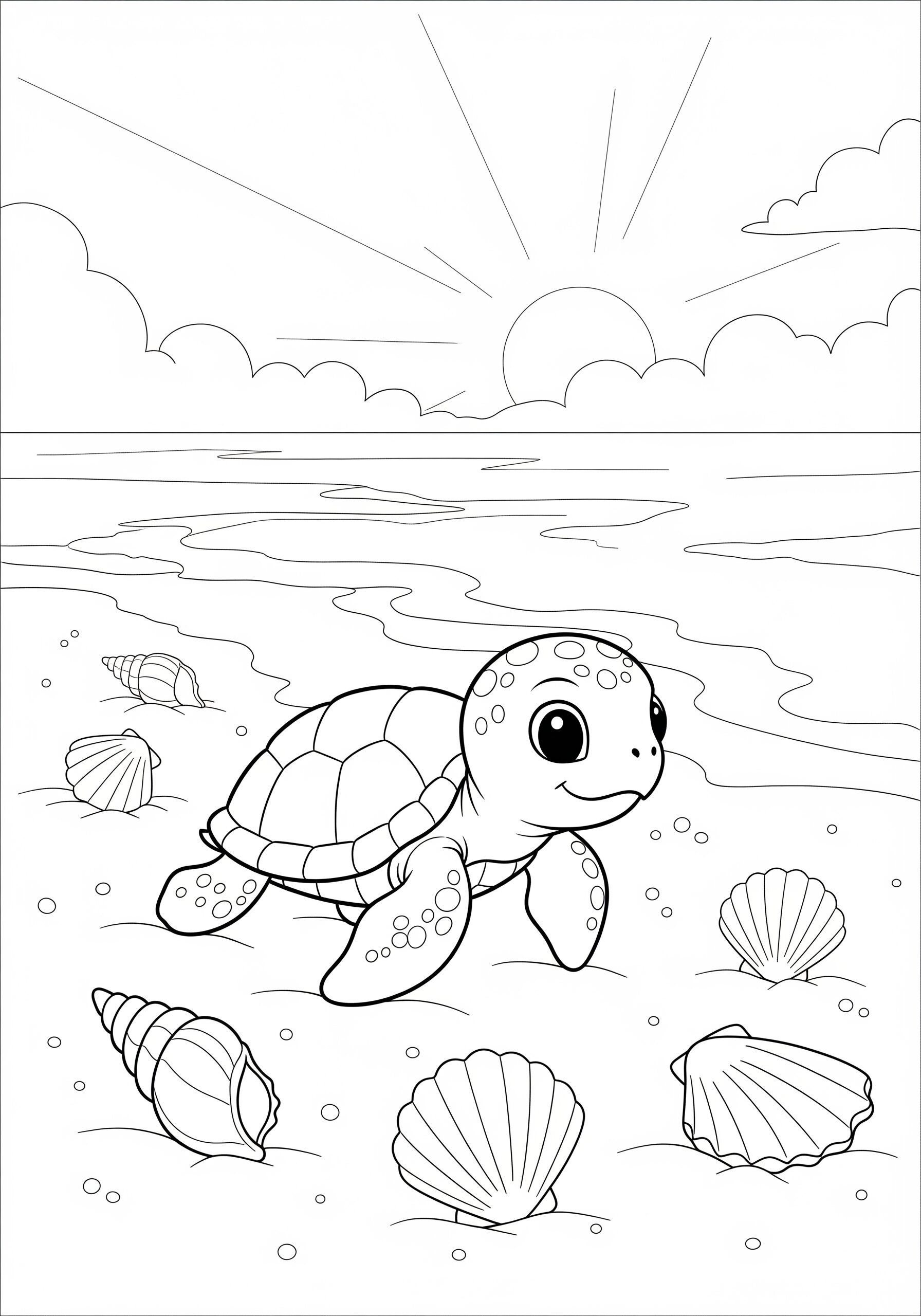A children's coloring page showing a delightful sea turtle on a beach with scattered shells and a beautiful sunset, ideal for fun and educational coloring activities.