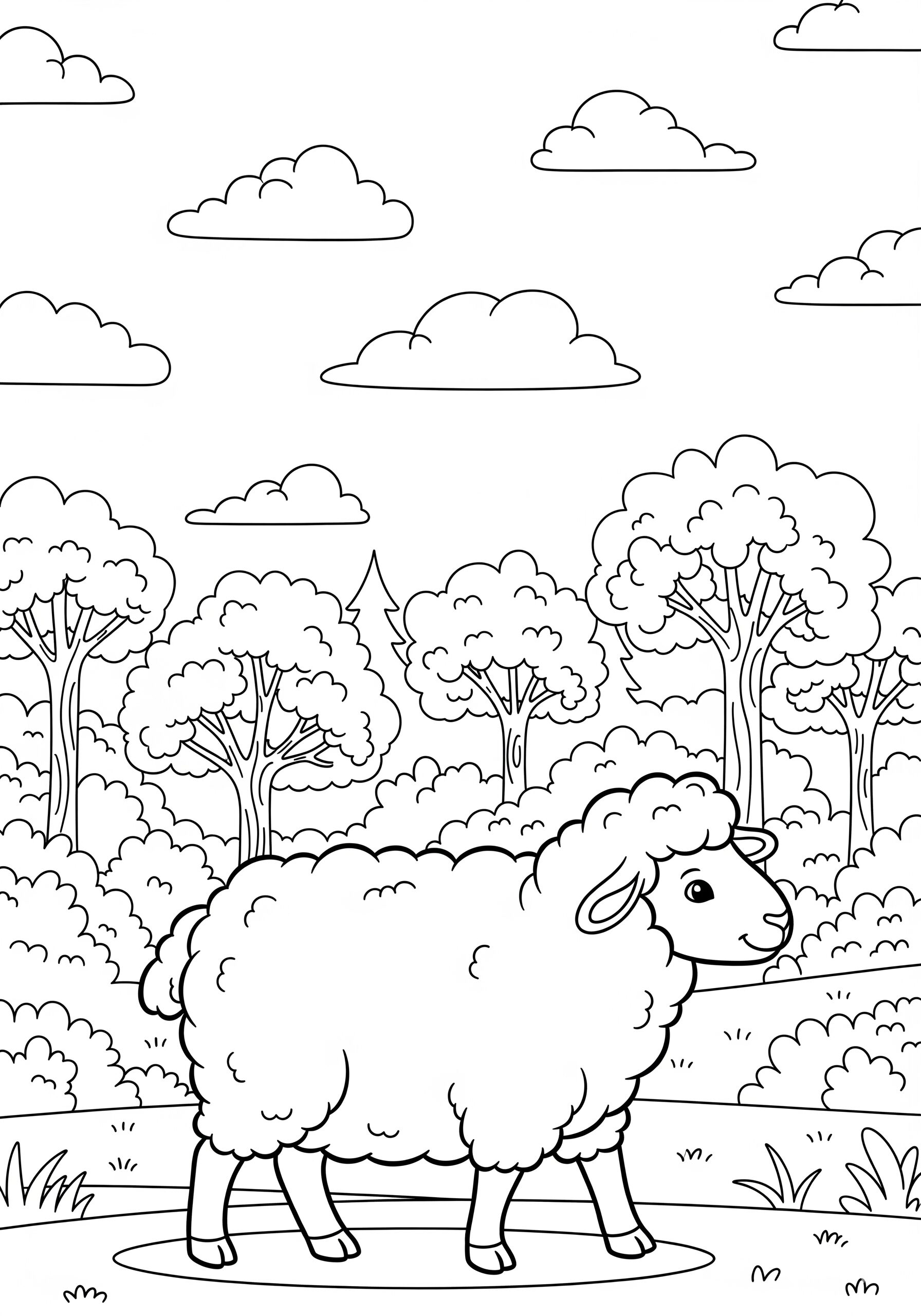 A fluffy sheep stands in a field with trees and clouds by it, inviting children to add colors in this charming coloring page.
