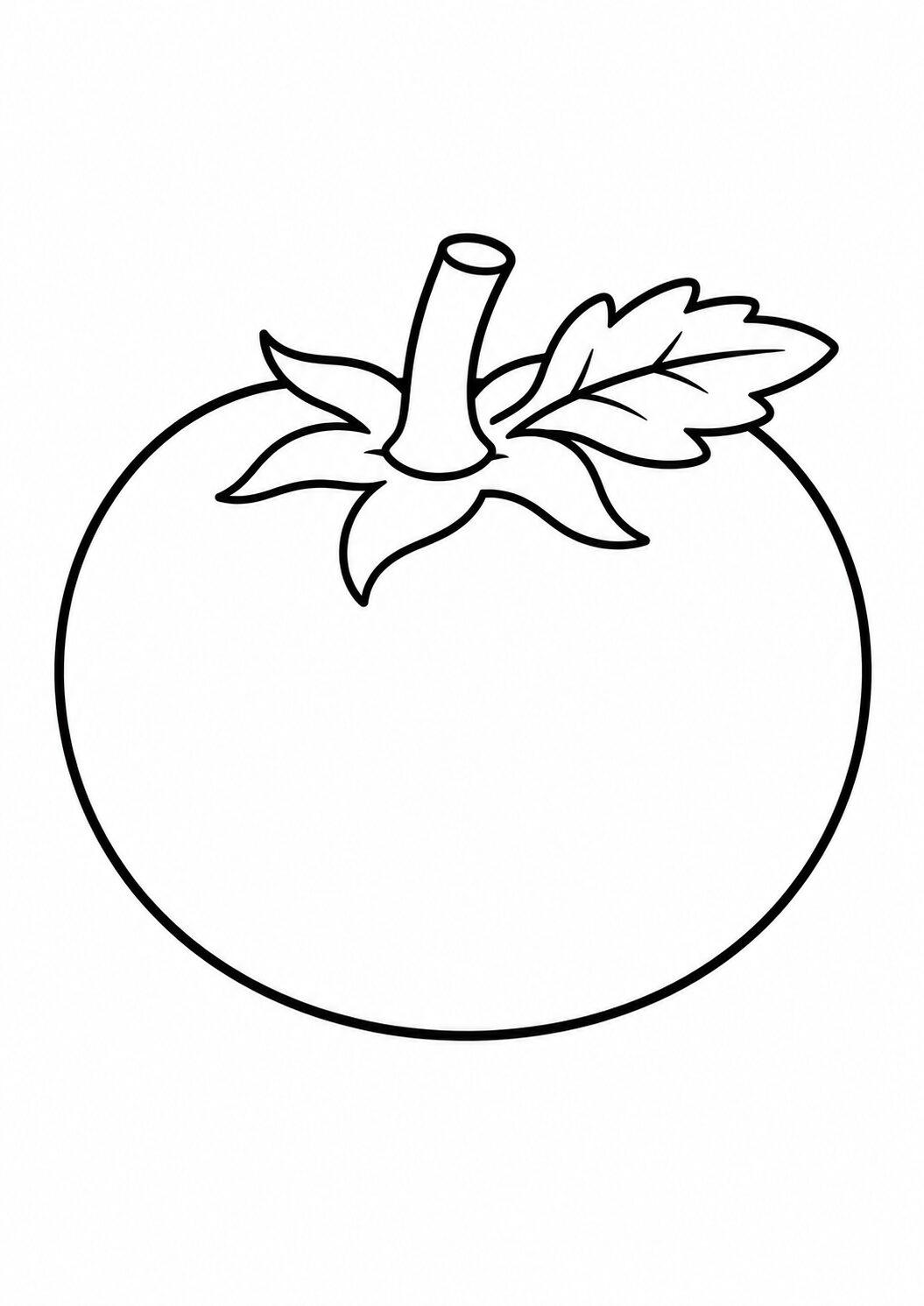 Black and white outline of a tomato with a stem and leaf. Ideal for children's coloring activities, encouraging creativity and color exploration.