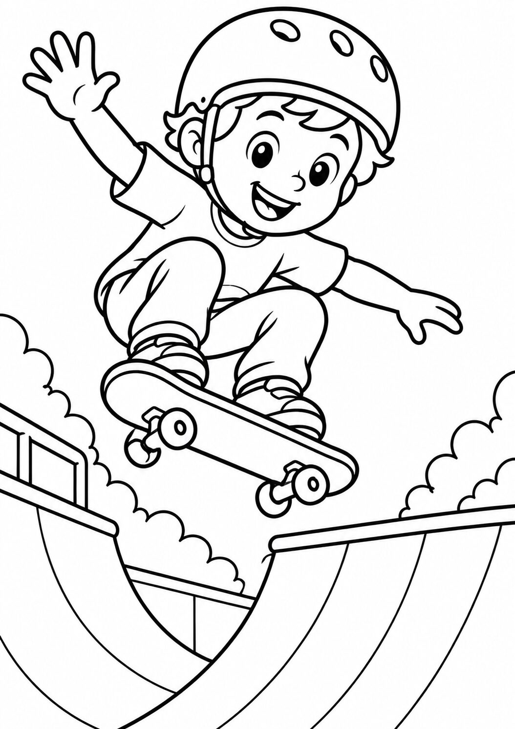 A child skateboarding in mid-air, wearing a helmet and smiling brightly, set against a skate park ramp. Perfect for kids to color.