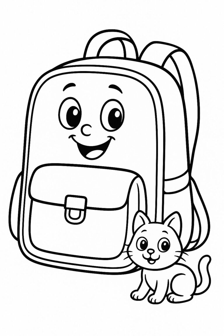 A smiling backpack with a cheerful expression and a little cat sitting beside it, ready to be colored by children for a fun activity.