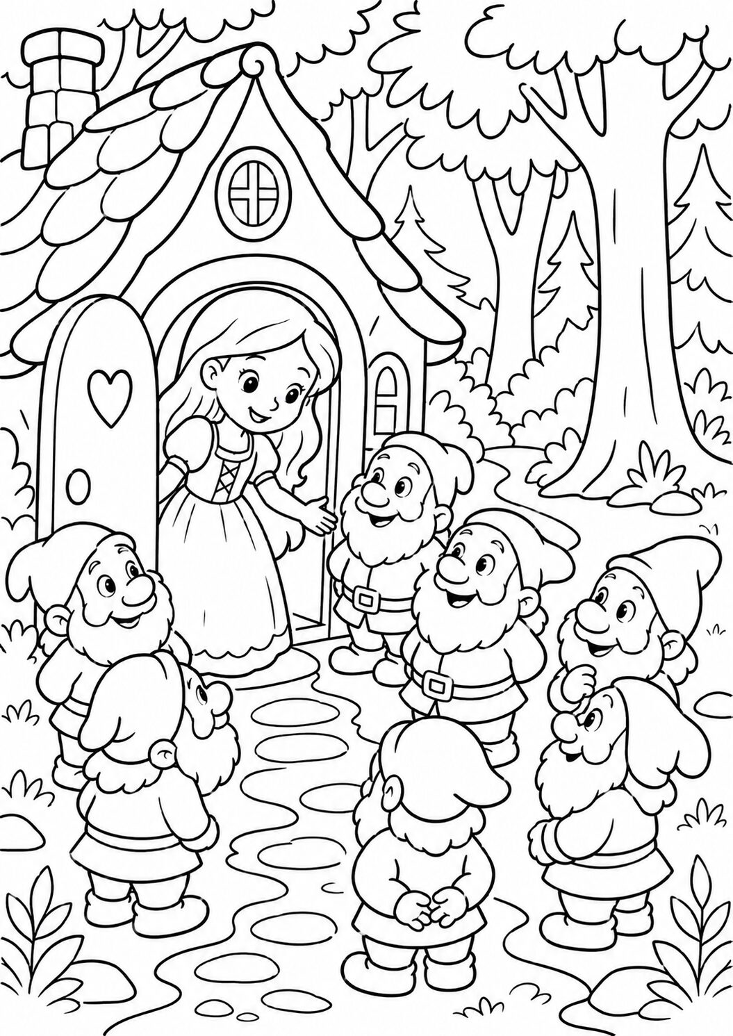 An engaging coloring page of Snow White meeting seven dwarfs by a charming woodland cottage. The scene includes a winding path and forest, inviting children to use their imagination while coloring.