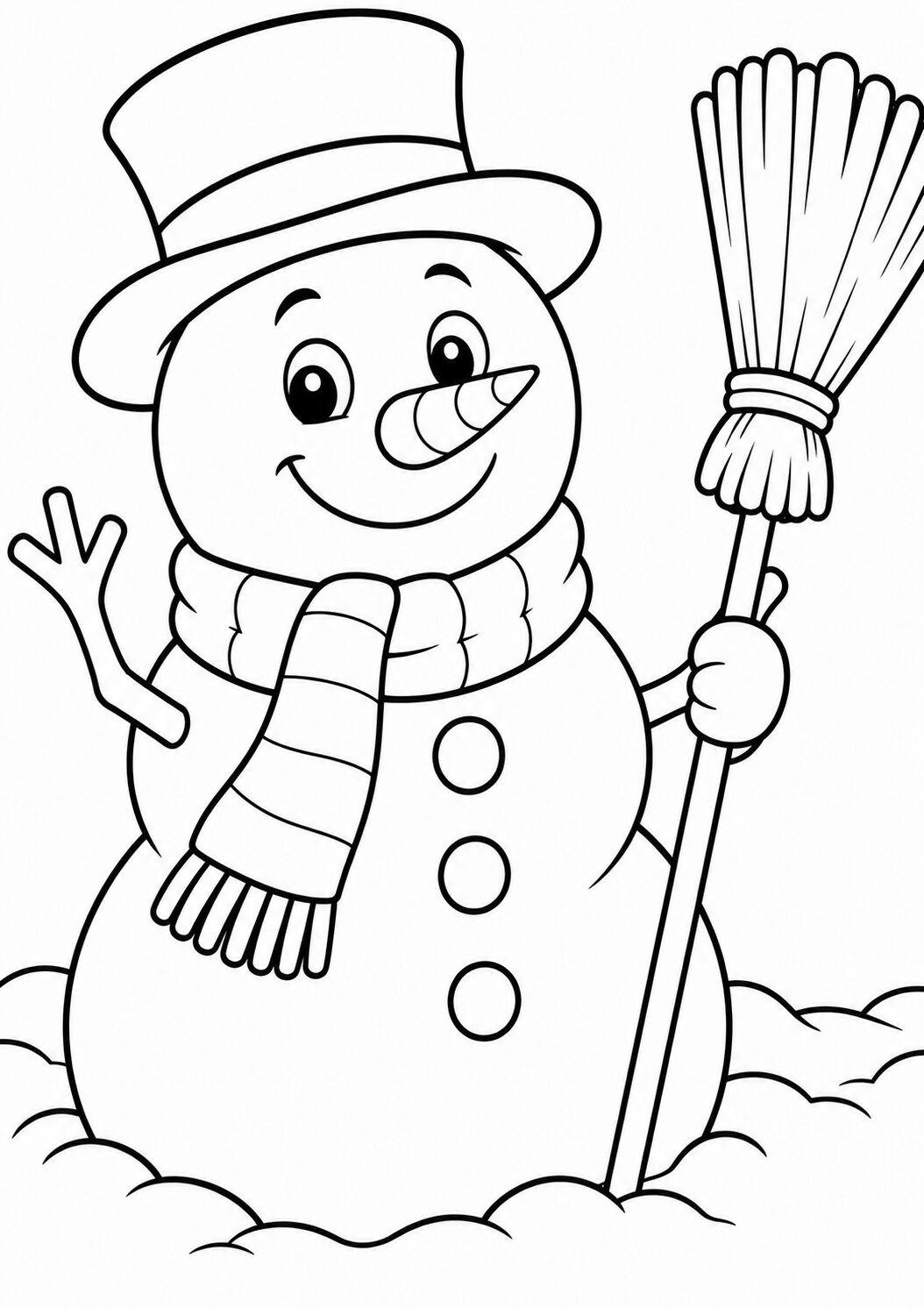 A cheerful snowman with a wide smile, wearing a striped scarf and a top hat, holds a broom while standing in the snow. Perfect for coloring enthusiasts.