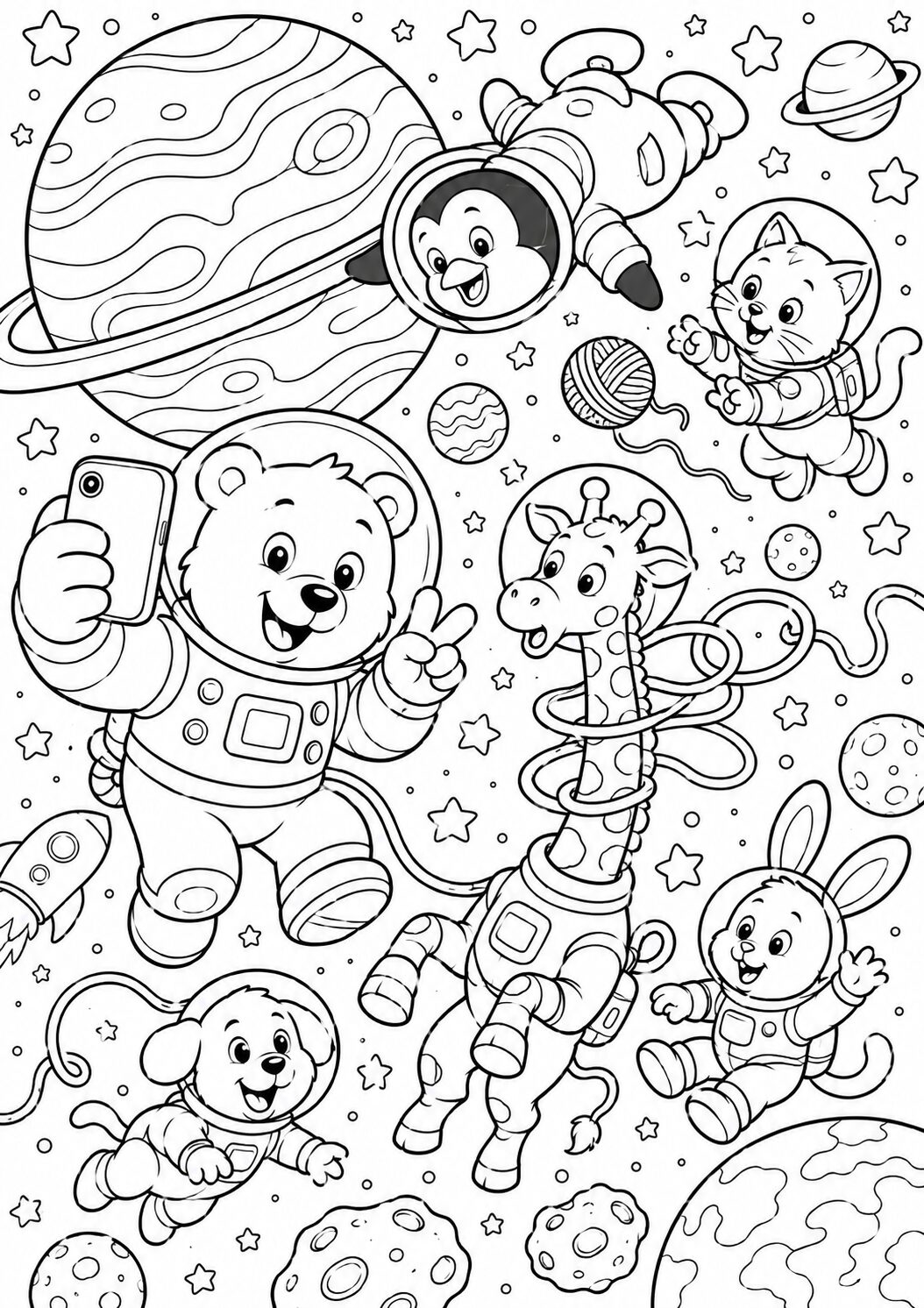 Children's coloring page of cute animals in space suits floating among stars and planets. Includes a bear, penguin, cat, giraffe, and bunny. Perfect for sparking creativity and imagination in young space explorers.