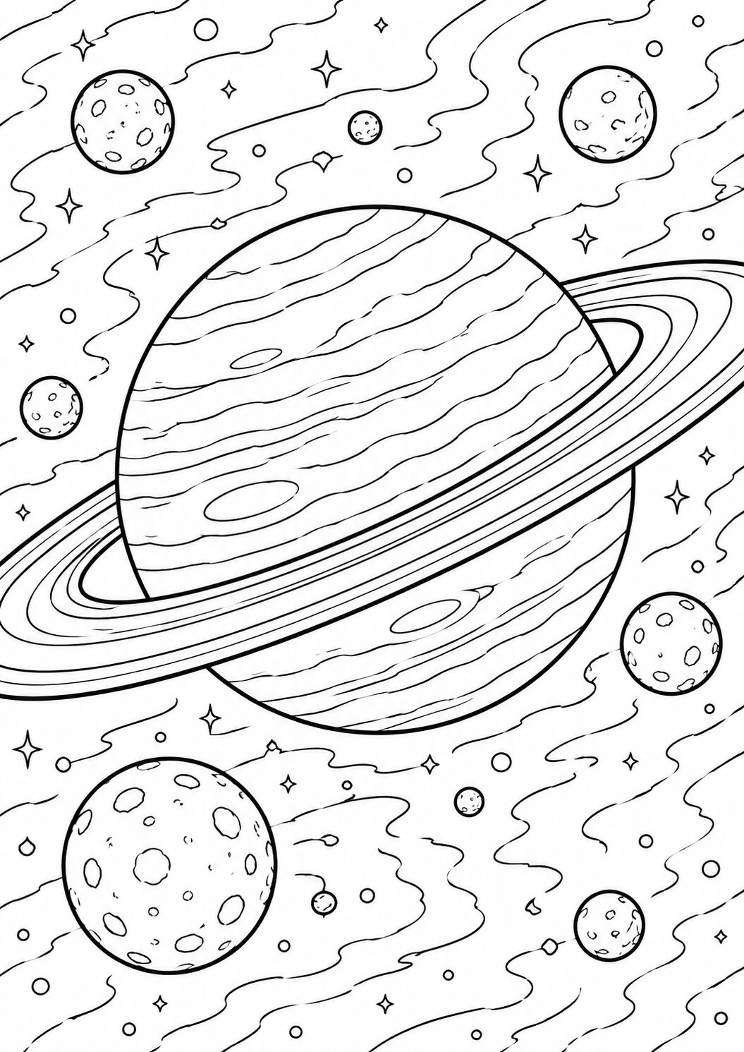 A coloring page showing a ringed planet with surrounding smaller planets and stars, inviting kids to color and explore the solar system, focusing on creativity and imagination.