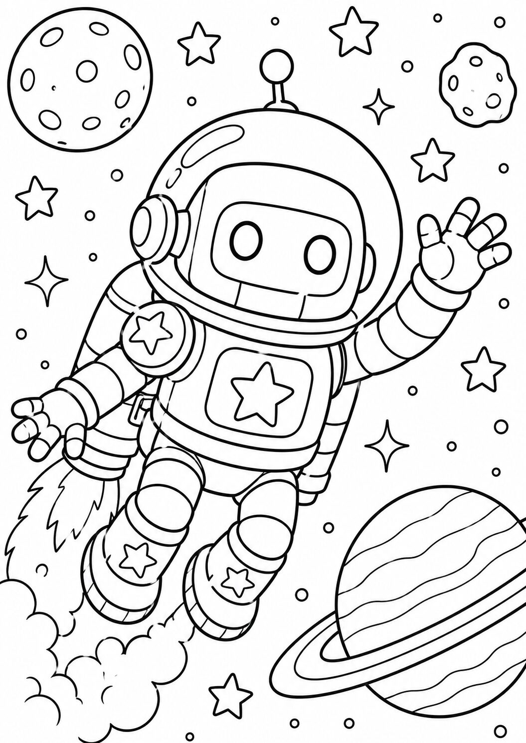 A delightful coloring page depicting a space robot floating among stars and planets. Children can use a variety of colors to create their own unique cosmic scene. Ideal for young space enthusiasts and budding artists.