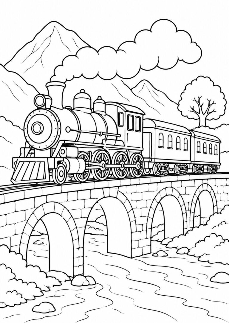 Coloring page showing a steam train on a bridge with mountains and a river. It's a beautiful scene for children to color and enjoy.