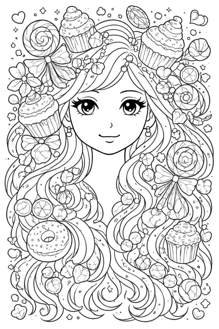 A captivating coloring page featuring a character with cascading hair filled with cupcakes, candies, and flowers, inviting children to bring it to life with color.