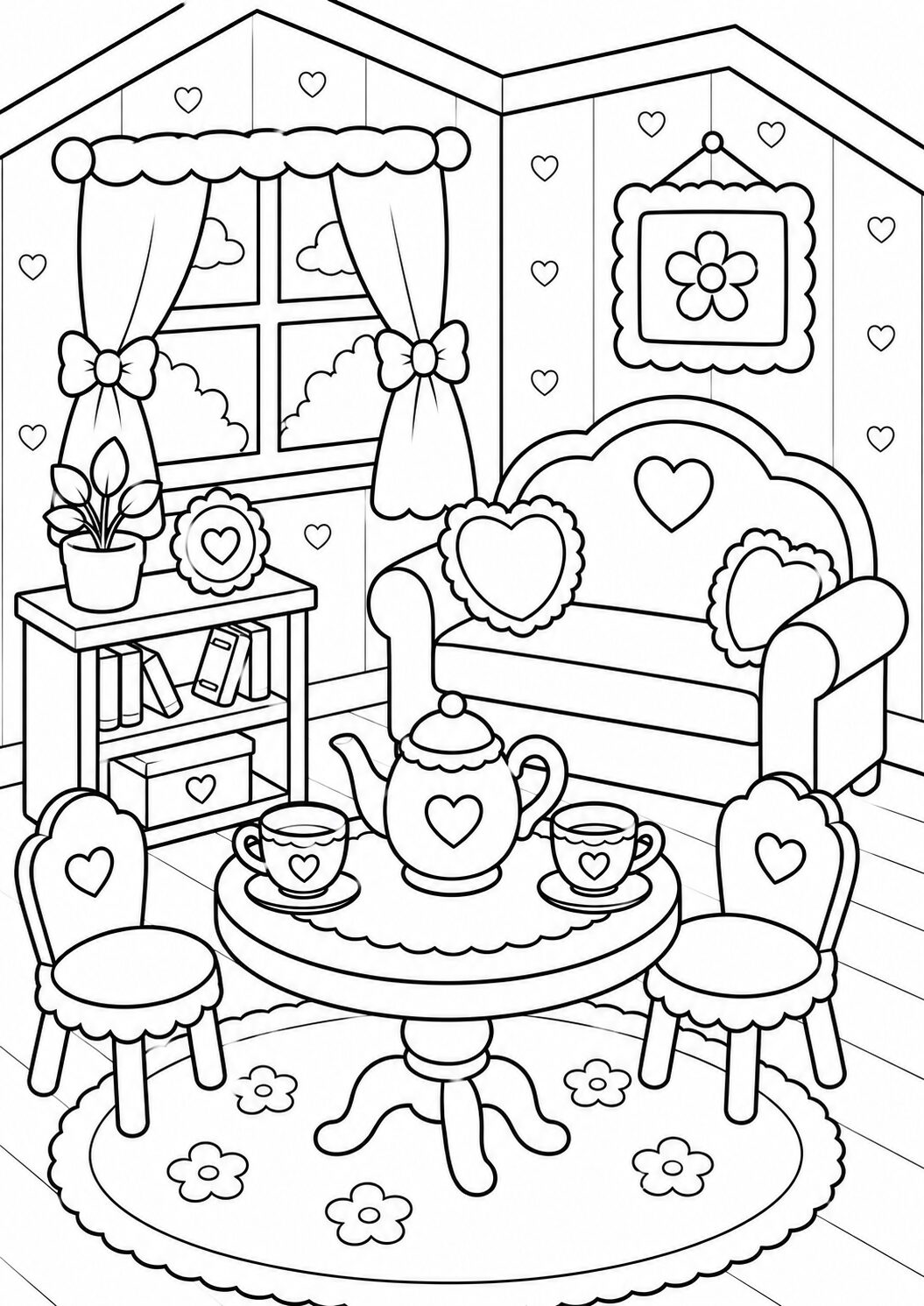 A delightful tea party room with a table, teapot, cups, sofa, and chairs. Decorated with hearts and flowers, this coloring page invites children to explore creativity and enjoy coloring a cozy indoor scene.