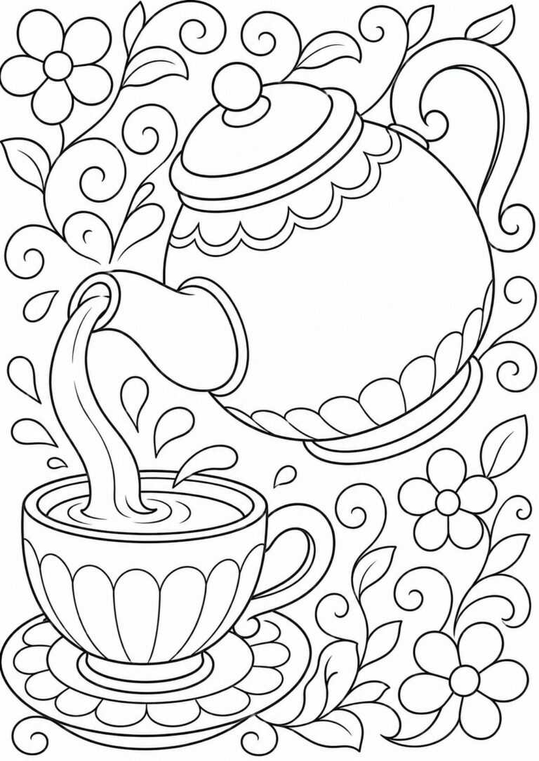 Coloring page displaying a teapot pouring into a teacup, with flowers and swirls surrounding the scene. Perfect for kids to unleash creativity by adding colors to this intricate design, bringing the picture to life with their imagination.
