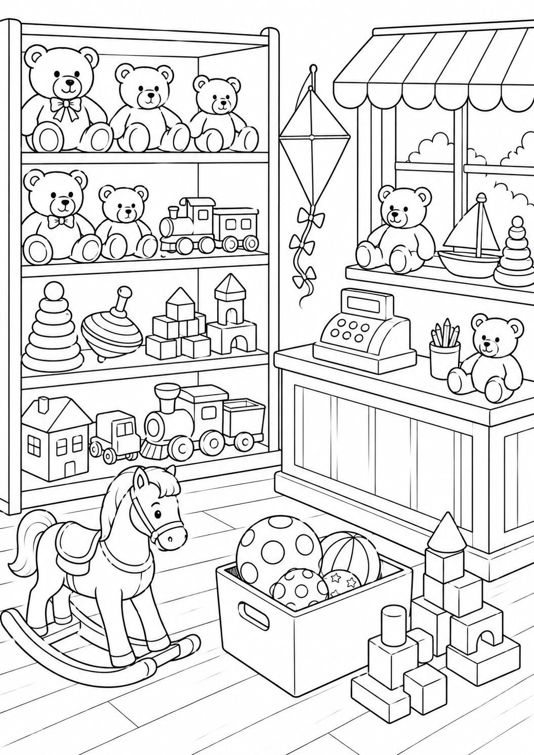 A children's coloring page featuring a toy store with teddy bears, a rocking horse, building blocks, toy trains, and various toys laid out for coloring adventure.