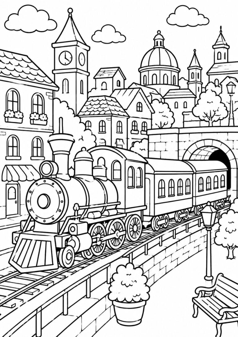 A beautiful coloring page depicting an old-fashioned train passing through a picturesque village scene with a variety of buildings, a clock tower, and trees, perfect for children to color and enjoy.