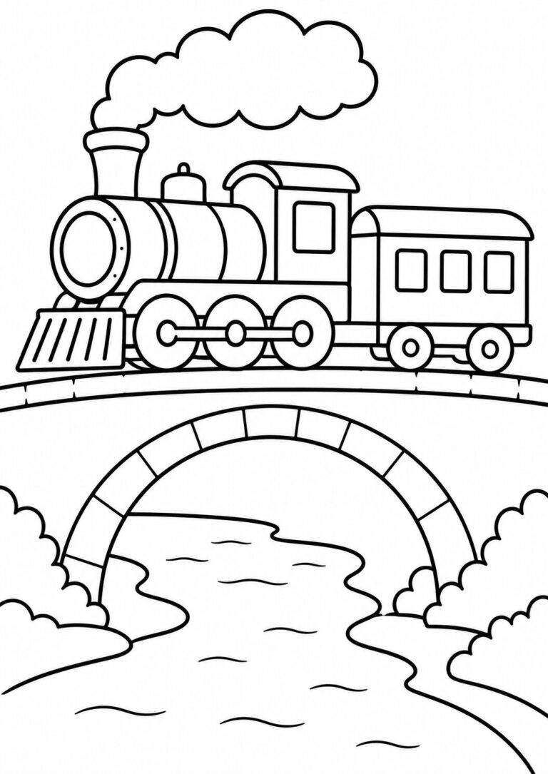 Coloring page with a steam train crossing a bridge over a river. The train has a large engine and a passenger car, with smoke billowing from its chimney. The scene includes a flowing river and surrounding landscape.