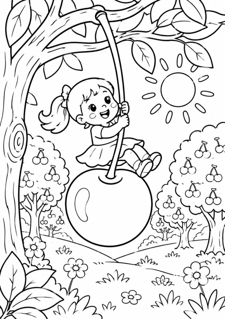 A child happily swings from a tree in a picturesque setting with cherries and flowers nearby, offering a delightful coloring opportunity in a sunlit area.
