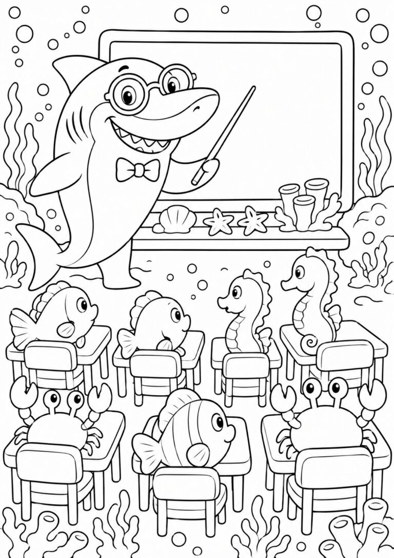An underwater classroom scene with a shark teacher guiding sea creatures like fish, seahorses, and crabs through a fun lesson. Perfect for kids to explore vibrant ocean life by coloring.