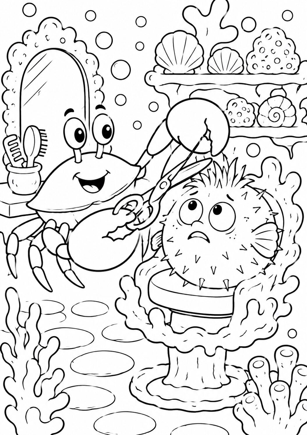 A cute underwater salon scene with a crab stylist caring for a pufferfish. Seashells and marine decorations enhance the playful setting, offering children a joyful coloring experience.