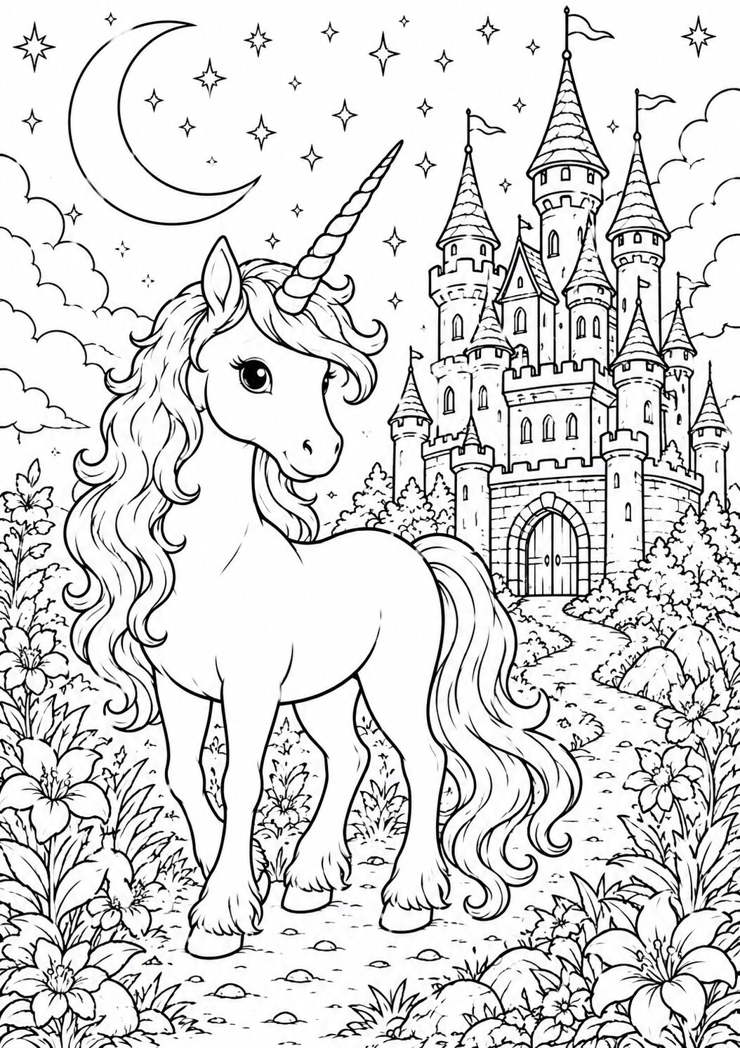 A charming unicorn stands before a grand castle amid blooming flowers. Stars and a crescent moon illuminate the scene, evoking a sense of fantasy and wonder for children to color.