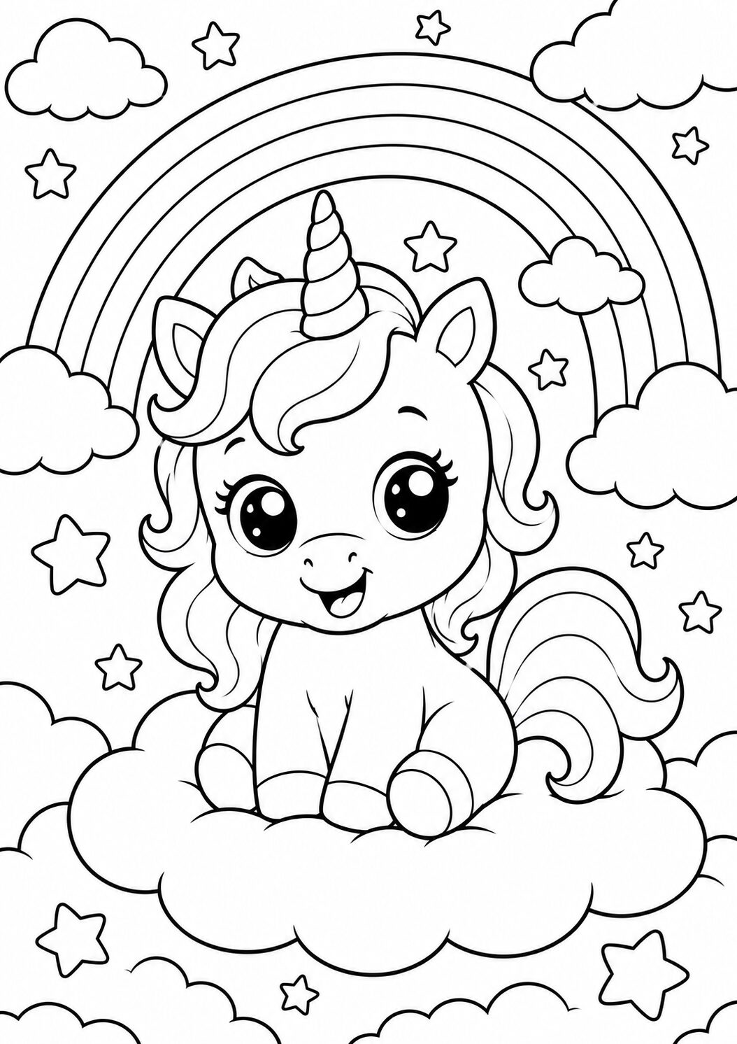 A joyful unicorn on a cloud with a rainbow and stars in the background, designed for kids to color and enjoy.