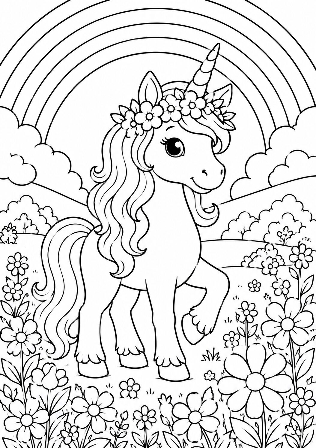 A charming unicorn stands in a meadow surrounded by flowers with a rainbow in the sky. Ideal for children's coloring activities, this page promises creativity with its mythical theme and enchanting details.