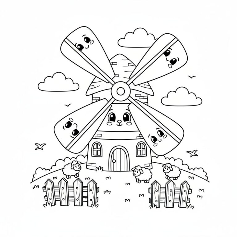 A coloring page with a charming windmill having smiling blades, surrounded by a pastoral scene with sheep and clouds, encouraging creativity and coloring fun.