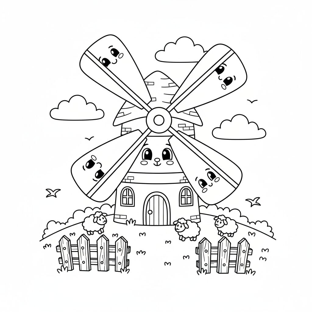 A coloring page with a charming windmill having smiling blades, surrounded by a pastoral scene with sheep and clouds, encouraging creativity and coloring fun.