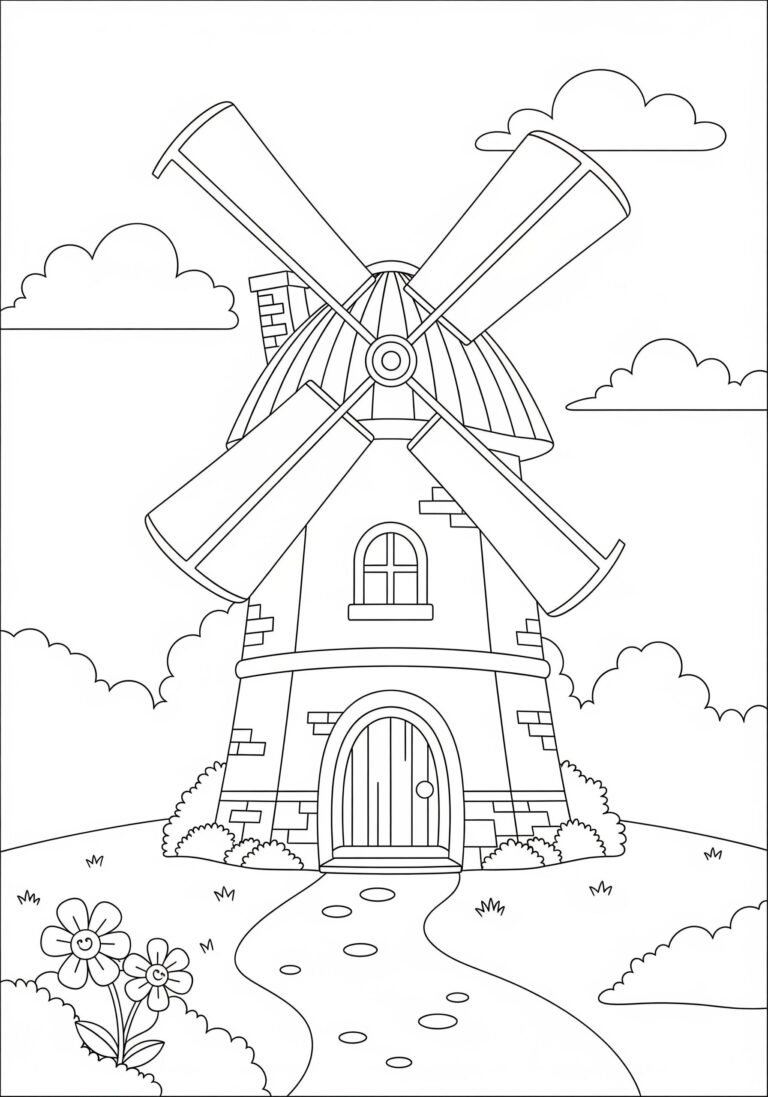 A children's coloring page depicting a charming windmill in a lush landscape. The windmill stands tall amidst fluffy clouds, a winding path, and cheerful flowers, perfect for sparking creativity.