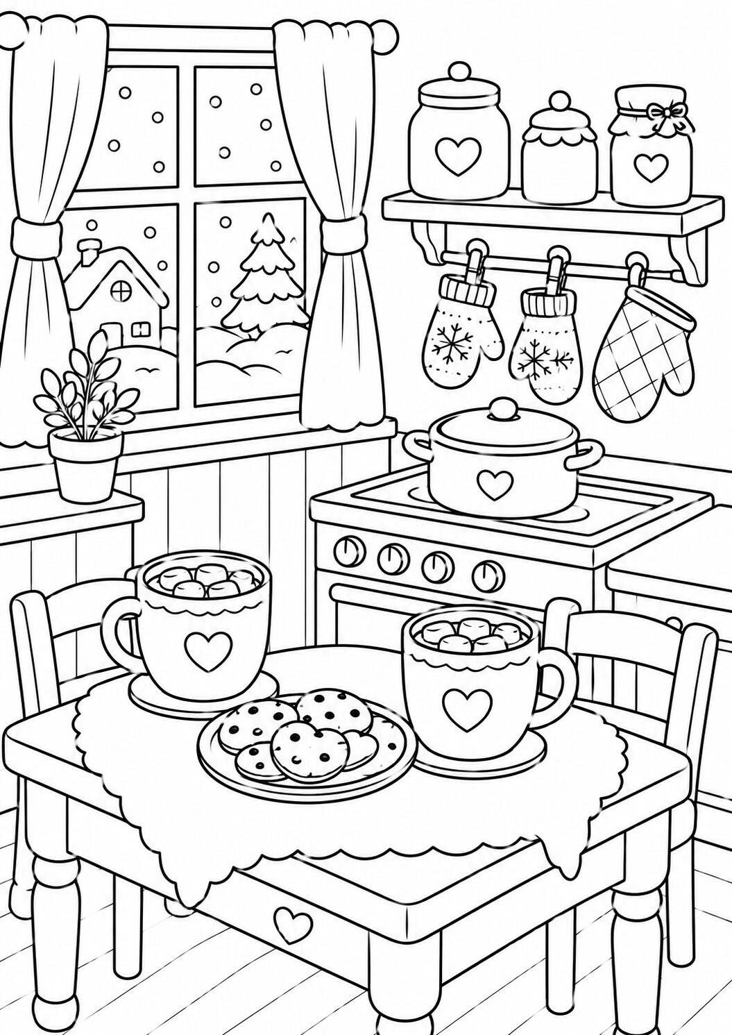 A cozy winter kitchen with steaming mugs of cocoa, cookies on a table, snow outside the window, and festive decorations. Children can enjoy coloring this warm, inviting holiday scene.
