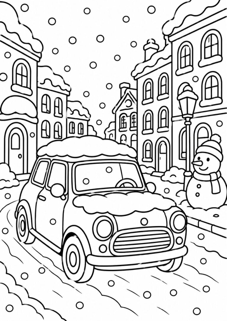 Children's coloring page of a winter street scene with snow-covered buildings, a vintage car, and a happy snowman, set against a backdrop of falling snowflakes, perfect for holiday coloring activities.