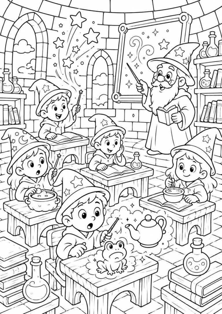 A whimsical coloring page of a wizard classroom showing young wizards learning spells. The room is filled with magical items like potions and wands, and a wise wizard teacher guides the students.