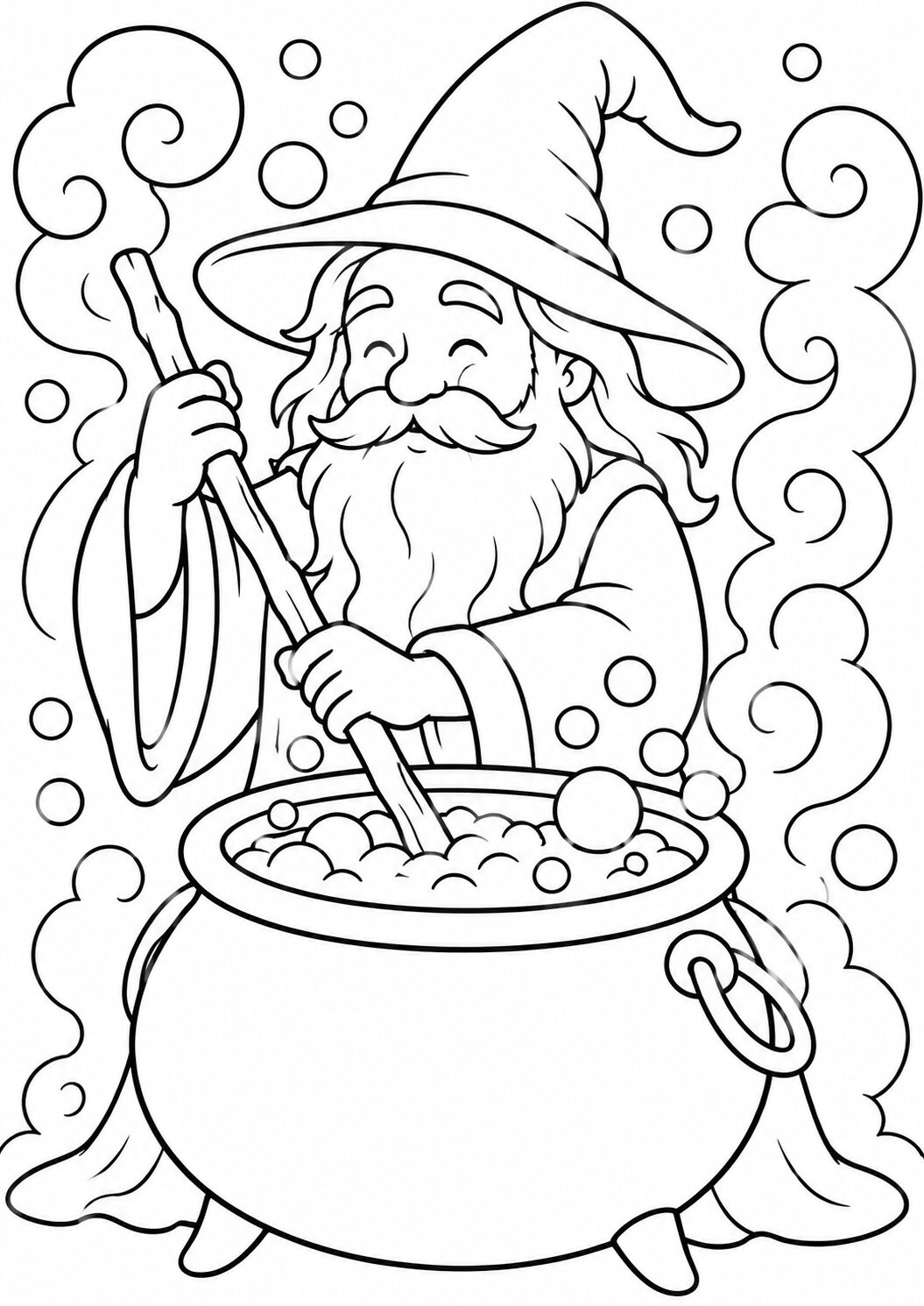 A wizard with a long beard and pointy hat stirring a cauldron full of bubbly potion, surrounded by magical swirls. This children's coloring page invites young artists to explore their creativity with a magical theme.