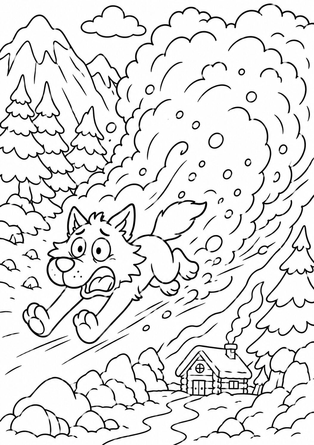 A lively wolf is depicted running away from an avalanche amidst snow-capped mountains and pine trees. A cozy cabin sits in the background, offering a sense of warmth amid the snowy scene, creating an engaging coloring experience for children.