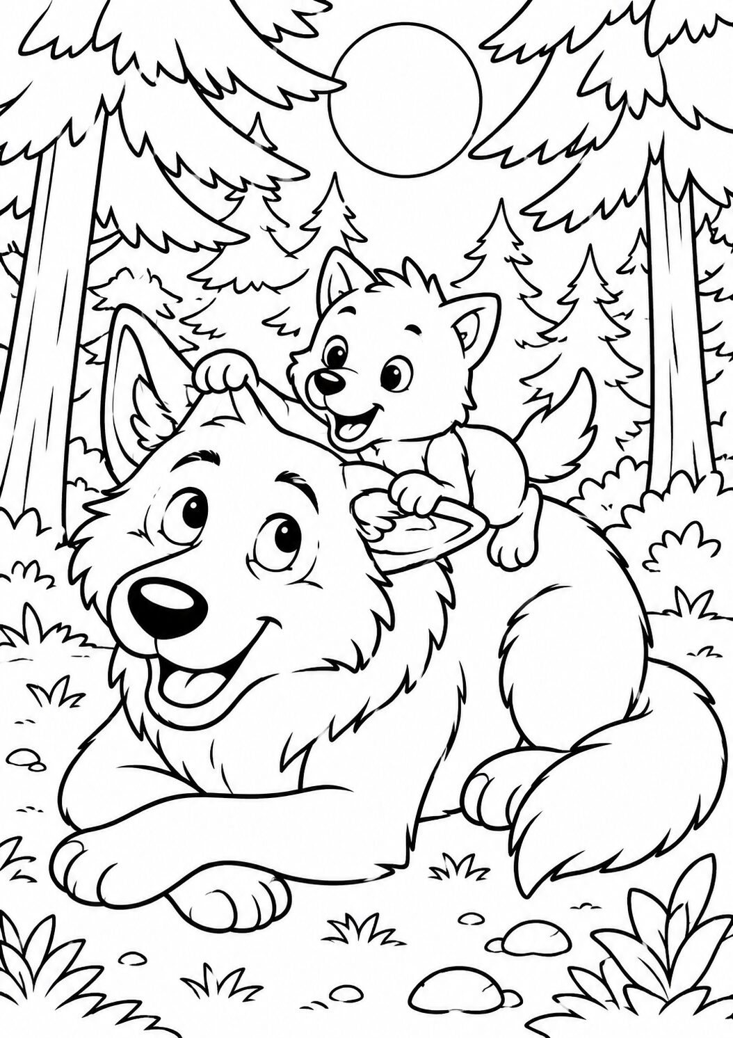 Coloring page showing a playful wolf pup and parent in a forest. The wolves look happy and are surrounded by trees and grass. Perfect for children to color and explore nature themes.