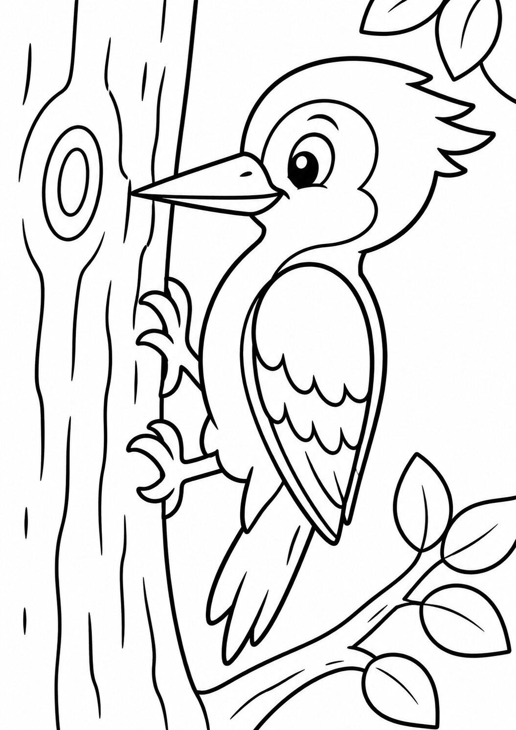 A delightful coloring page of a woodpecker on a tree trunk, featuring intricate feathers and friendly look, inviting kids to color and explore nature with creativity and joy.
