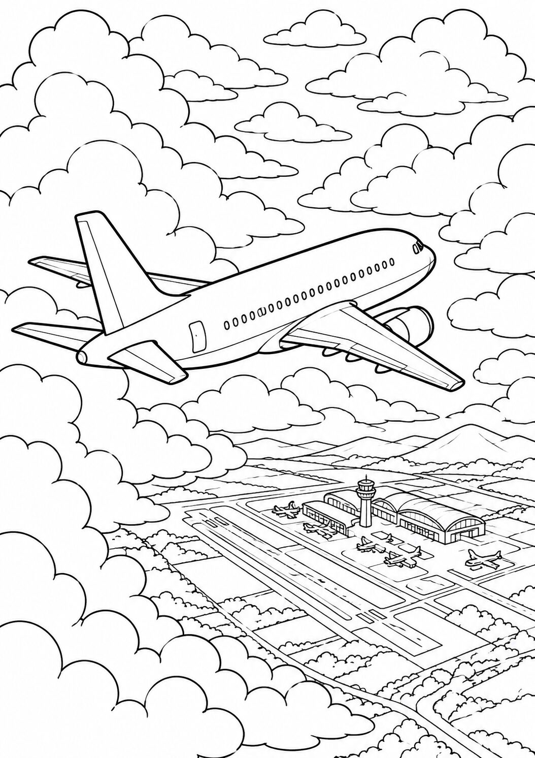 A coloring page of a large airplane flying in the sky with clouds. Below, an airport with runways and hangars is visible, creating a detailed scene for kids to color.