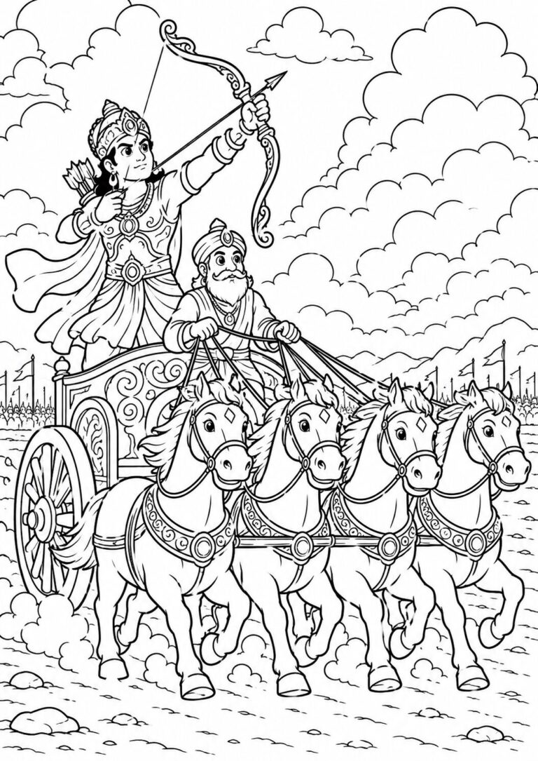 A warrior on an ancient chariot aims an arrow skyward. The scene includes four powerful horses and an imposing sky filled with clouds, depicting a historical battle moment.