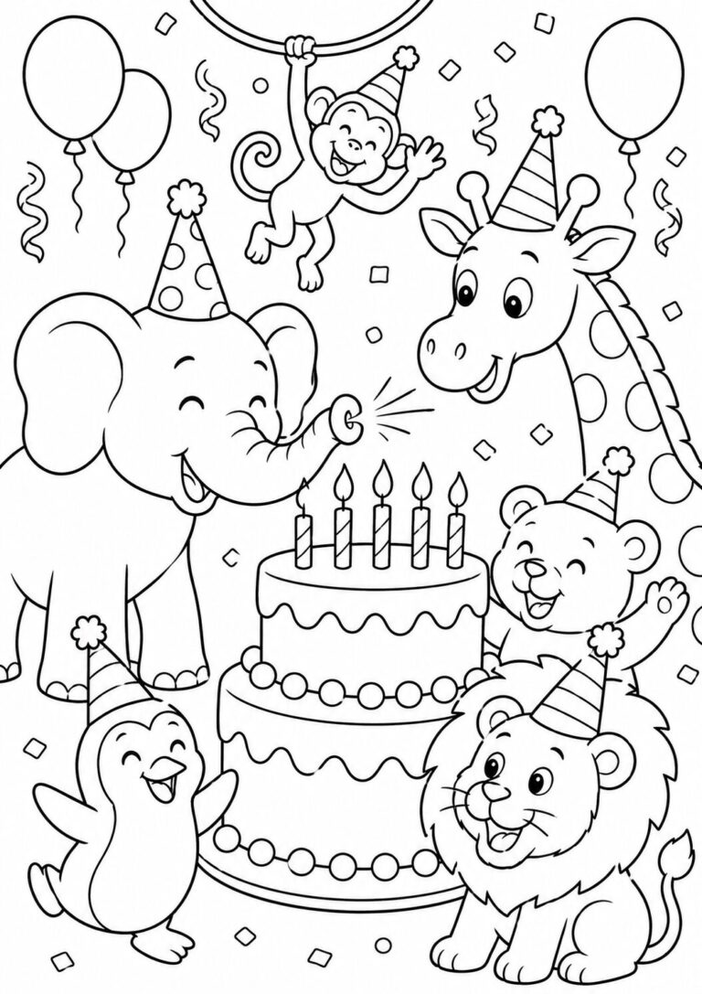 A merry animal birthday party coloring page with an elephant, monkey, giraffe, penguin, and lion wearing party hats. The scene is festive with a decorated cake and balloons, providing a fun and interactive coloring experience for children.