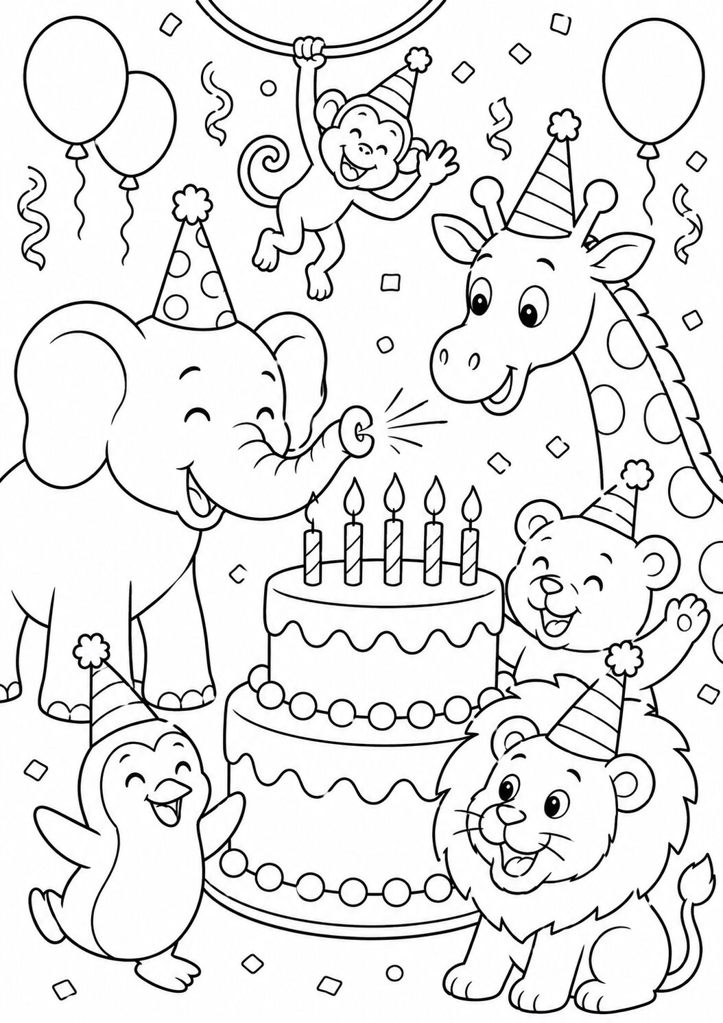 A merry animal birthday party coloring page with an elephant, monkey, giraffe, penguin, and lion wearing party hats. The scene is festive with a decorated cake and balloons, providing a fun and interactive coloring experience for children.
