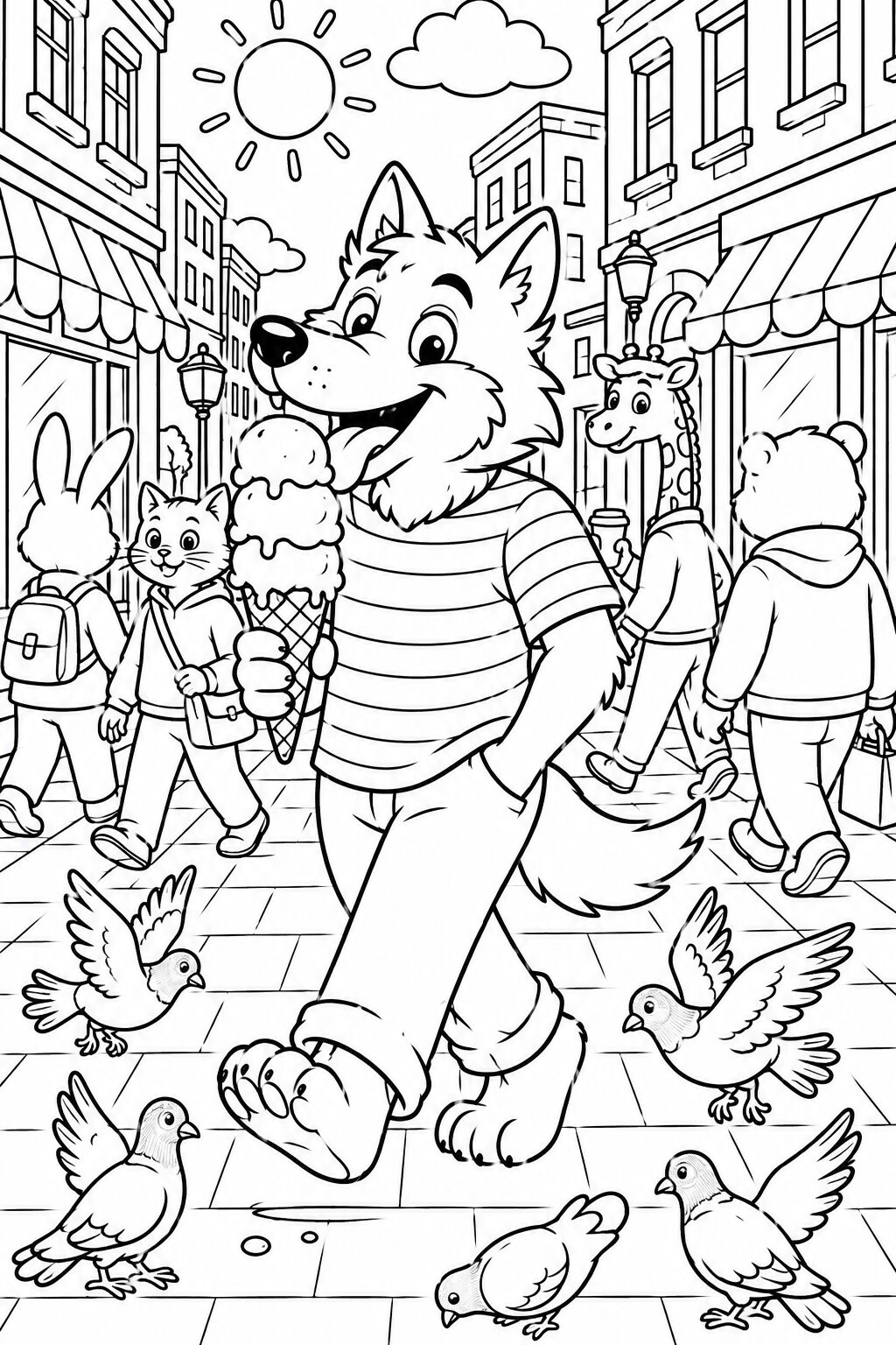 Coloring page showing animals in a city. A fox holds an ice cream, surrounded by pigeons and other animals on a busy street. Ideal for coloring activities.