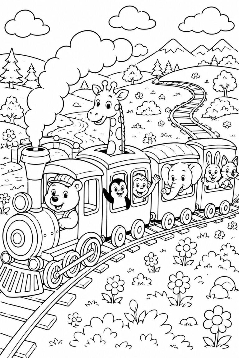 Coloring page of a train ride featuring various animals like a bear, giraffe, elephant, and penguin. The train travels through a scenic landscape with trees, flowers, and clouds.
