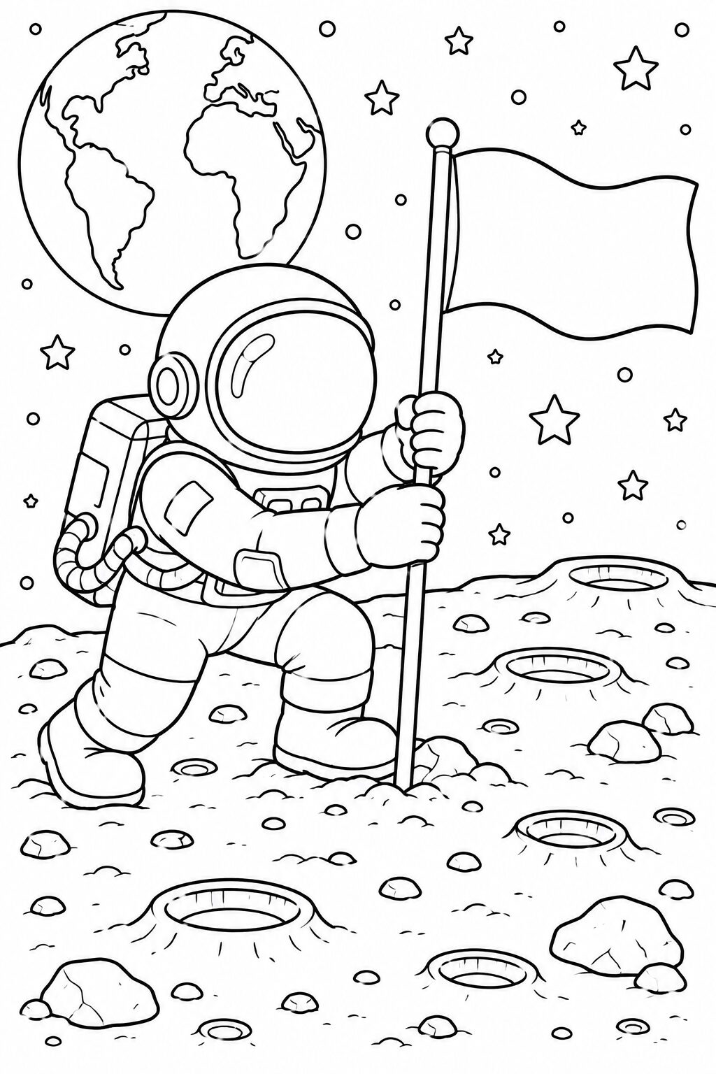 A children's coloring page depicting an astronaut on the moon with a flag, stars, and the Earth in the background. Kids can use their imagination to color the space scene.