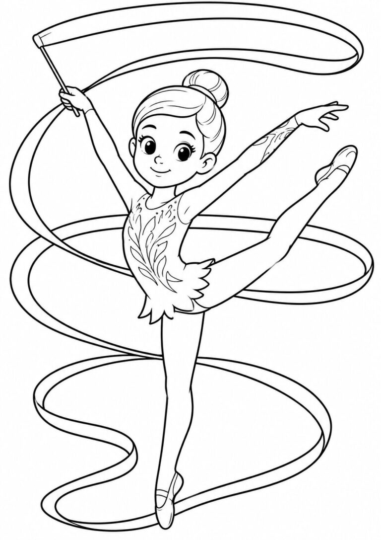 This children's coloring page presents a delightful ballerina in an elegant dancing pose, holding a swirling ribbon. The detailed design offers a fun and creative coloring experience, perfect for young dance enthusiasts looking to explore art and movement.
