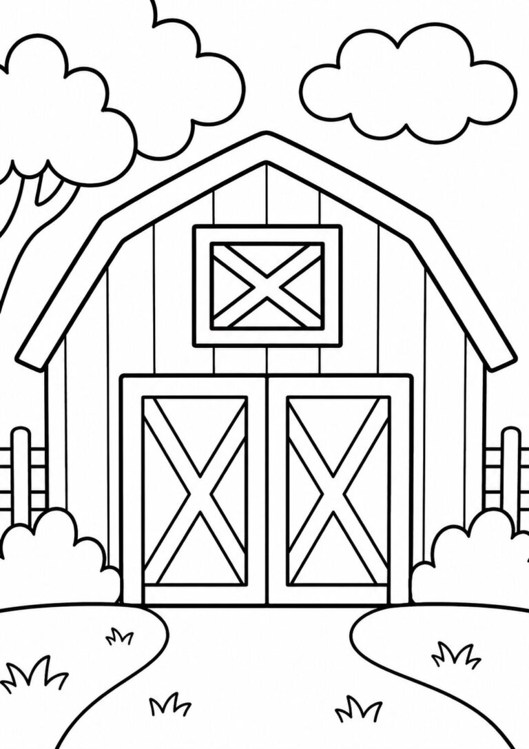 A barn coloring page for children, showcasing a barn with large doors, a pathway, clouds, and trees, encouraging imaginative coloring.