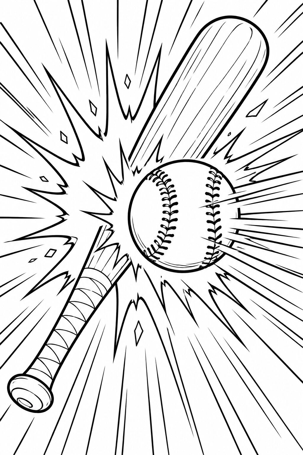 A lively coloring page showing a baseball being hit by a bat, surrounded by dynamic action lines to convey the power of the moment.