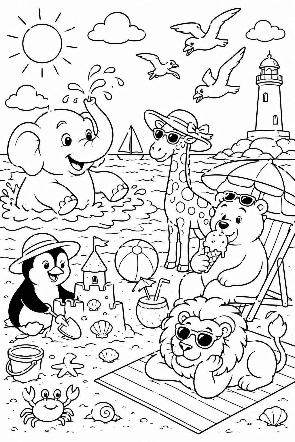 A lively beach scene with animals includes an elephant in the sea, a penguin with a sandcastle, a lion sunbathing, and seagulls flying. There’s a bright sun, a lighthouse, and cheerful details for coloring.