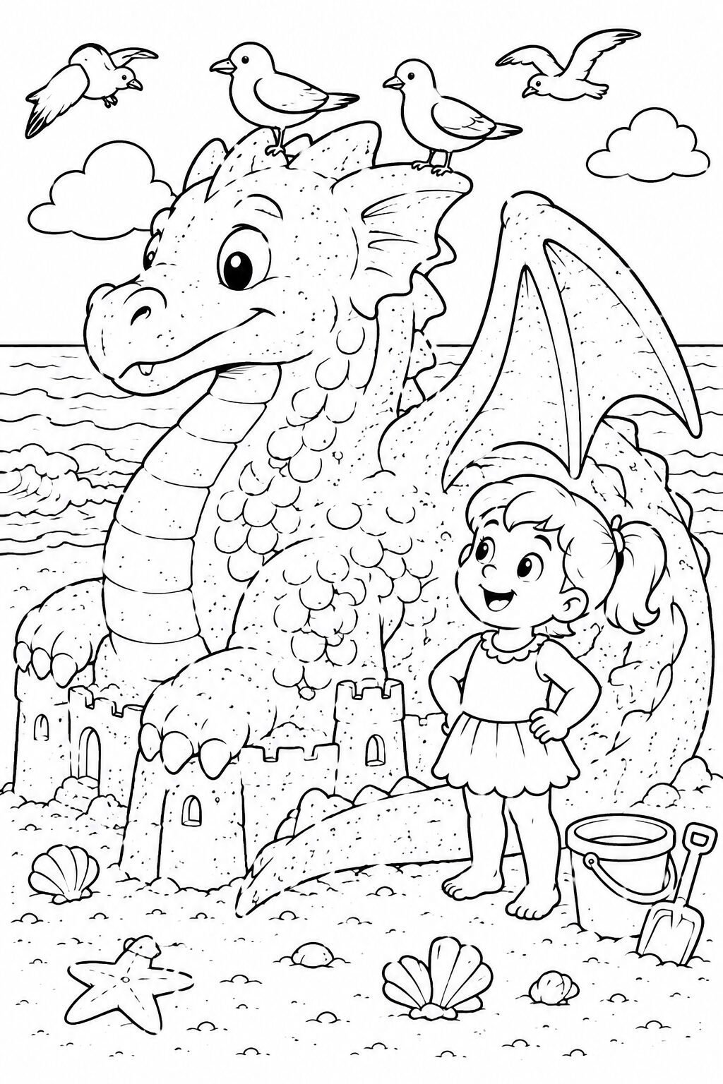 A friendly dragon resting on the sand with a child nearby, sandcastles, seashells, and seagulls creating a playful beach scene.