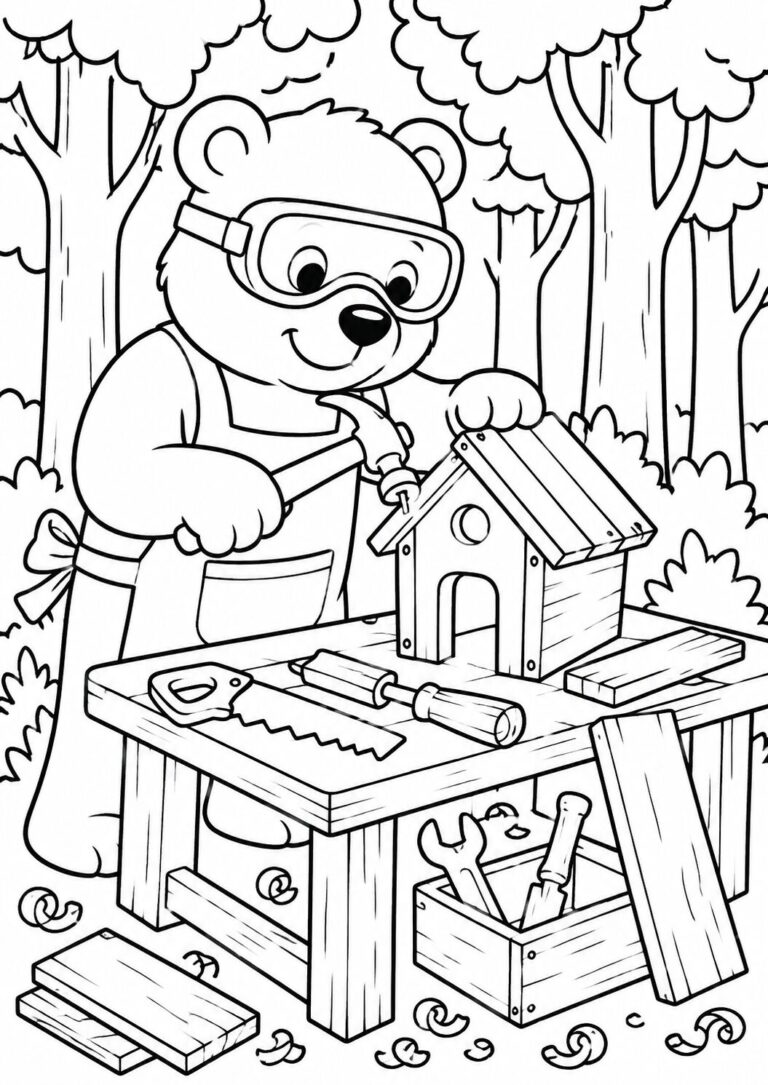 Coloring page of a bear wearing goggles, holding a hammer in a forest while building a birdhouse. Woodworking tools and planks are spread across a worktable. Trees form the background.