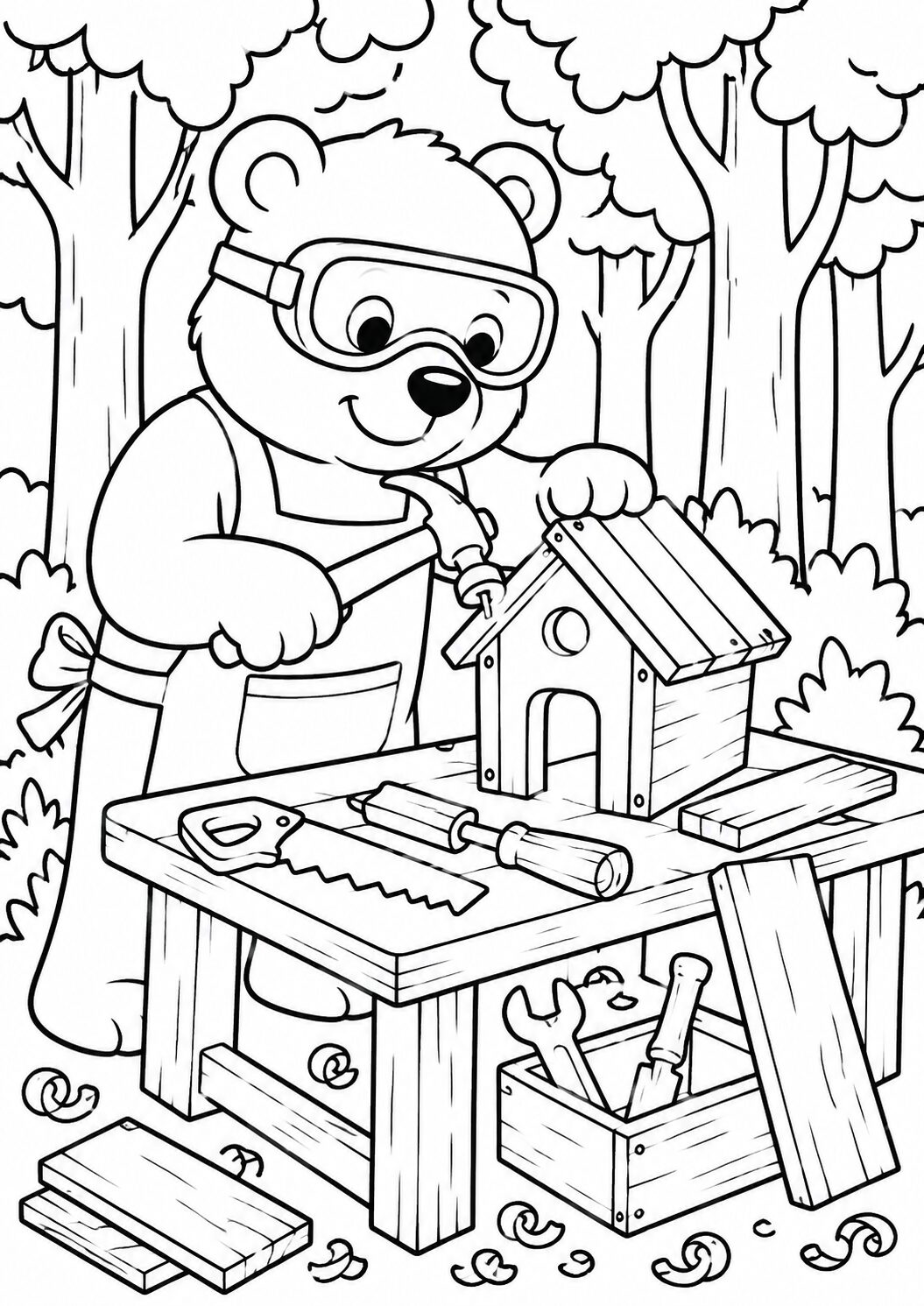 Coloring page of a bear wearing goggles, holding a hammer in a forest while building a birdhouse. Woodworking tools and planks are spread across a worktable. Trees form the background.