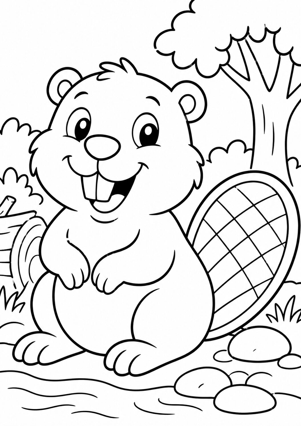 A cute beaver is depicted on this coloring page, sitting by a river. Surrounded by trees and nature, the beaver has a happy expression, making it a perfect choice for children to color and engage with nature.
